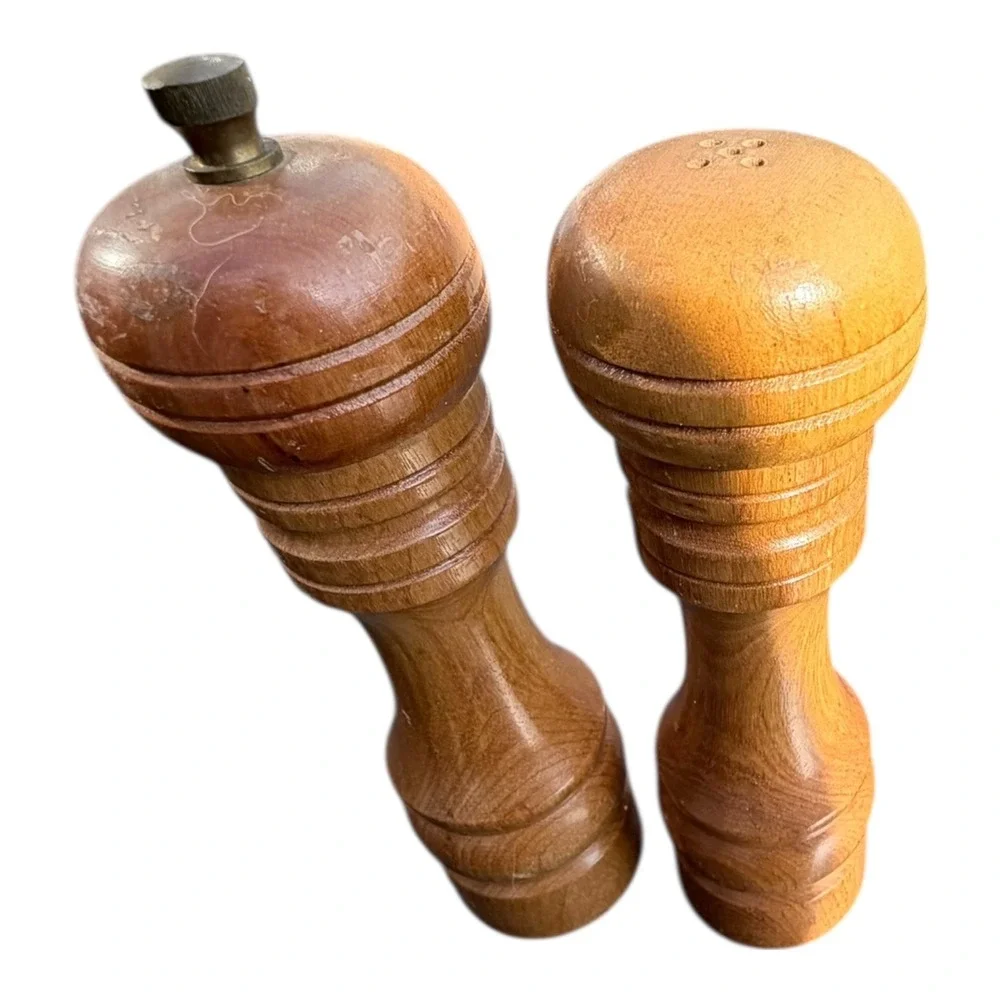 Vintage Wood Salt Shaker and Pepper Mill Set Brown Hand Turned Japan Kitchenware